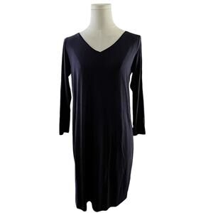 Eileen Fisher Dress XS Petite Navy Blue Tencel Knit V-Neck 3/4 Sleeve Minimalist